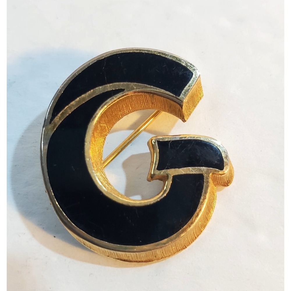 Vintage Lisner "G" Gold Tone Black Enamel Monogram Brooch Pin Mid-Century